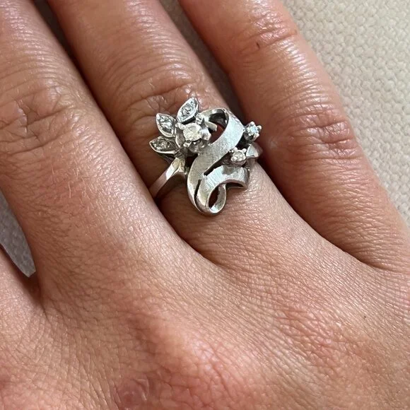 Antique Art Deco 14k White Gold Diamond Cocktail Ring Vintage Size 6 - Picture 4 of 7